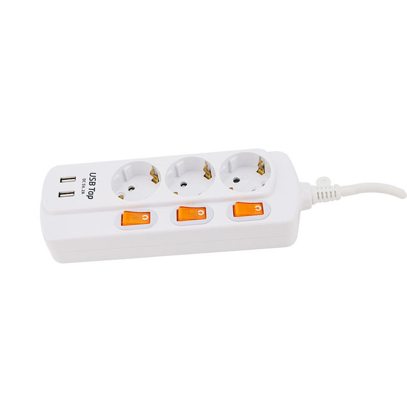 Rintangan Kimia 3 Outlet Soket Standard EU dengan 2 port USB dan 3 suis individu Rintangan Kimia 3 Outlet Soket Standard EU dengan 2 port USB dan 3 suis individu