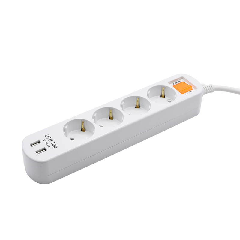 Ekonomi 4 Outlet Soket Standard EU dengan 2 port USB dan 1 suis perlindungan beban Ekonomi 4 Outlet Soket Standard EU dengan 2 port USB dan 1 suis perlindungan beban